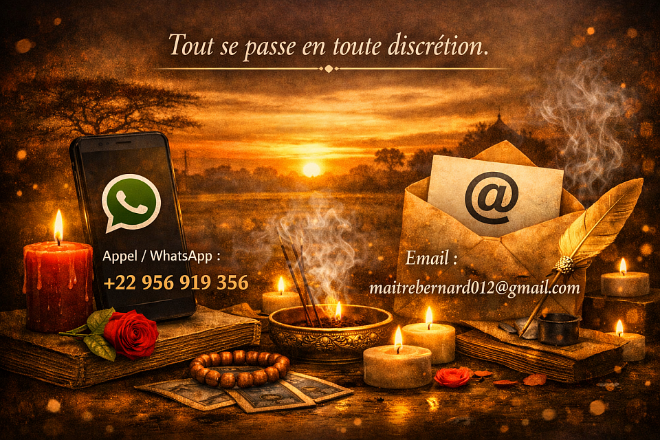 Contactez le Ma&icirc;tre Bernard, marabout africain puissant, s&eacute;rieux et discret. Rituel de retour affectif, magie africaine, voyance et solutions spirituelles. WhatsApp et email disponibles en toute confidentialit&eacute;.